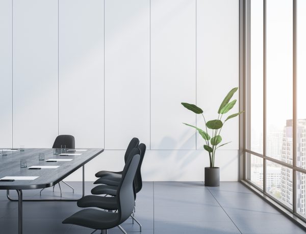 Modern conference room with a large table, chairs and a plant, with a city background through floor-to-ceiling windows, concept of a business meeting space. 3D Rendering